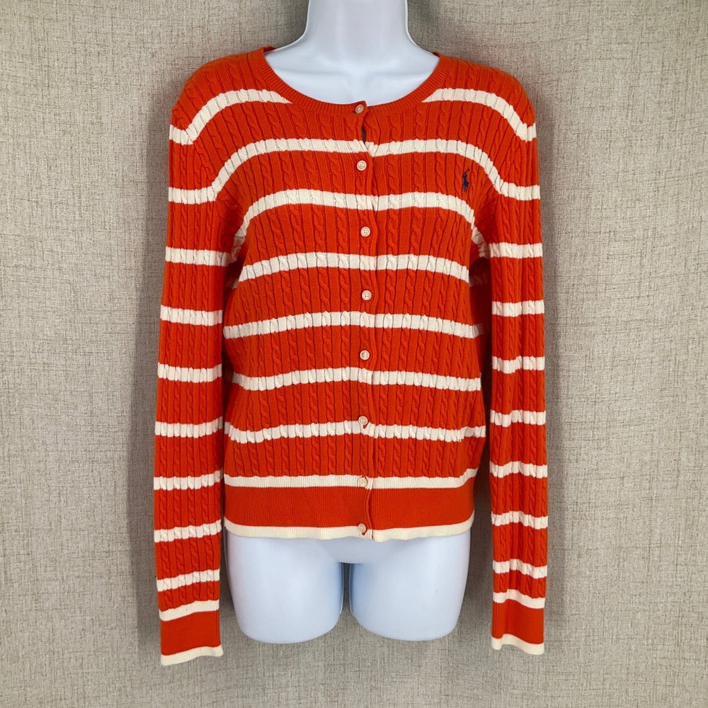 Polo Ralph Lauren Cardigan Girls XL 16 Orange Cotton Striped Cable Knit Logo